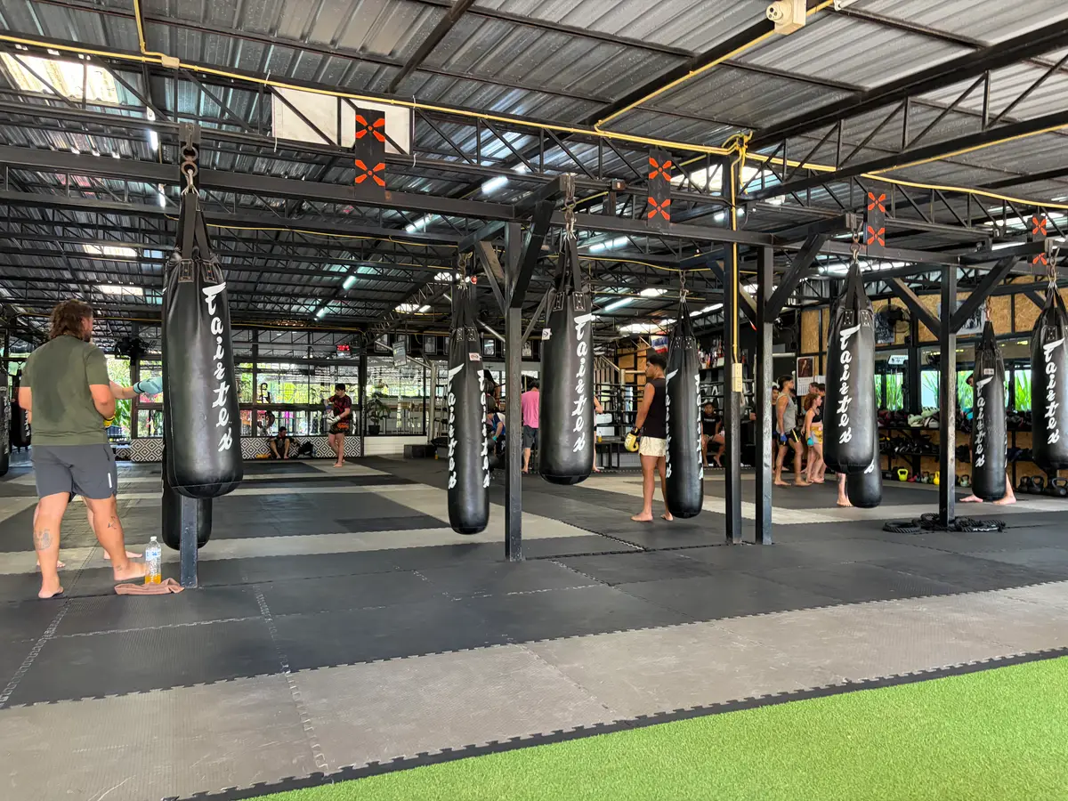 Covered training hall with rows of hanging heavy bags, rubber matting and people training.