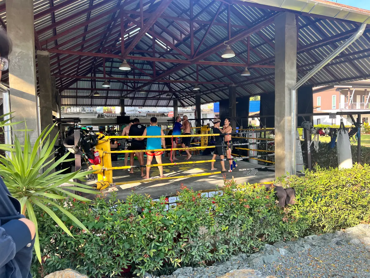 Roofed gym with a yellow-rope ring and people training, seen over a hedge.