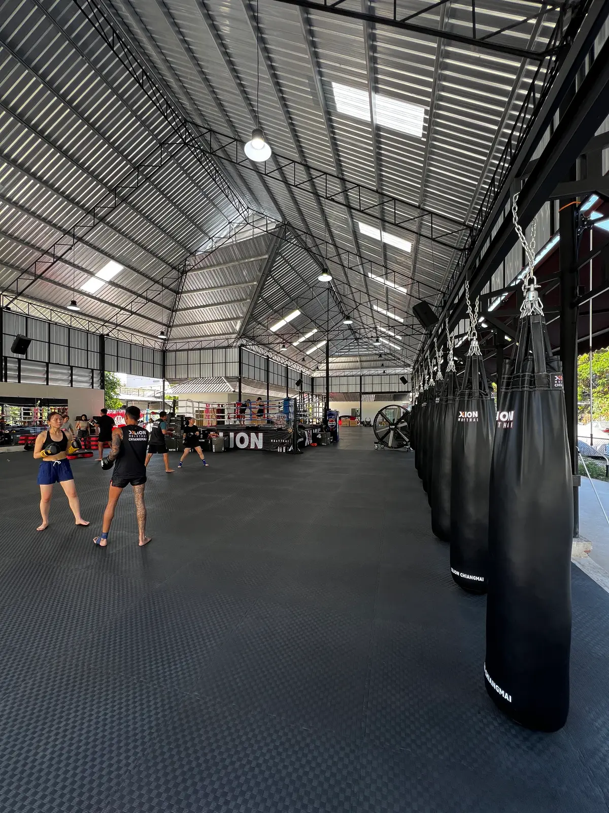 Wide steel-roofed training hall with rubber floor and a line of tall heavy bags.