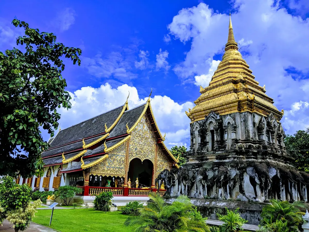 Gilded chedi on a stone base carved with elephants beside a dark-roofed hall under blue sky