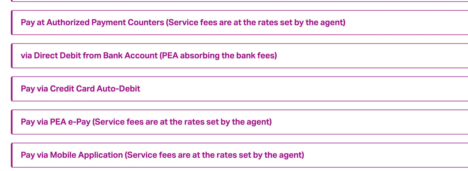 PEA payment channel page with headings for authorized counters, direct debit, credit card auto-debit, e-pay and mobile application.
