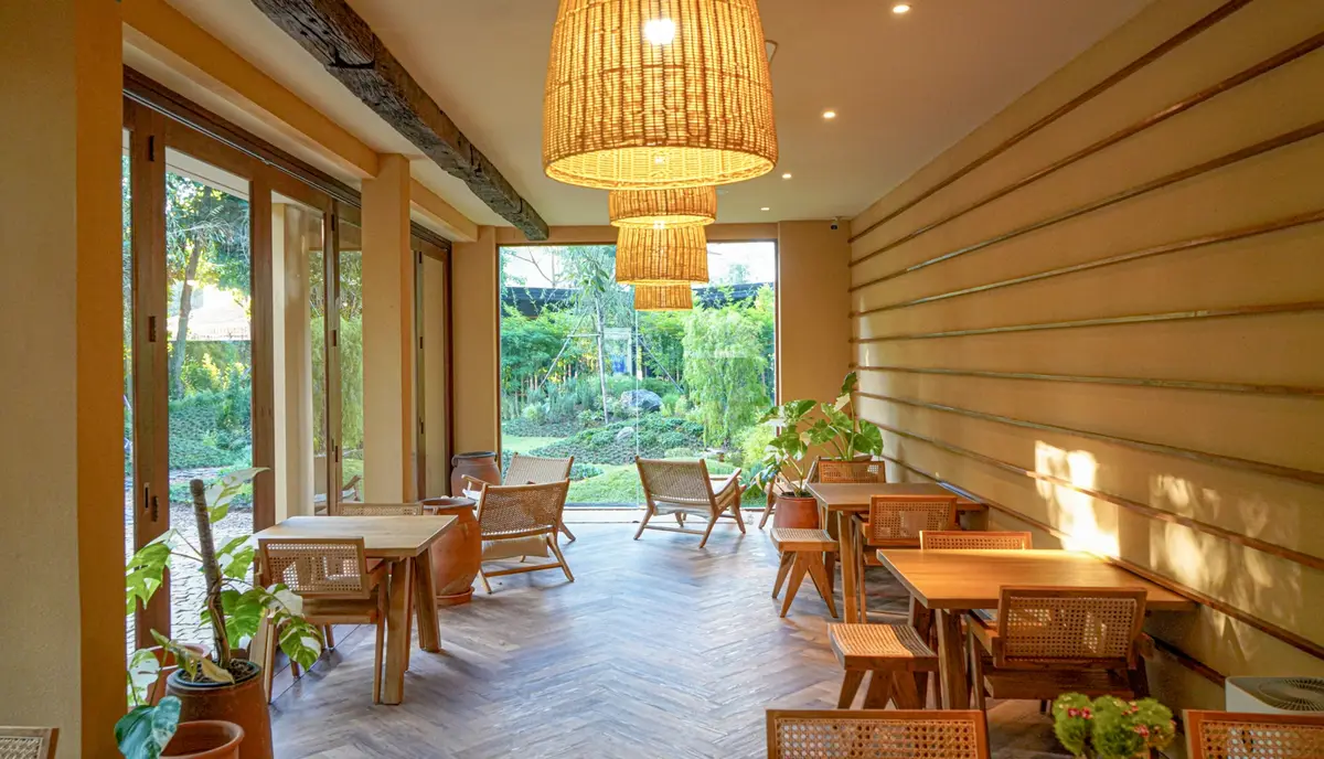 Wood-panelled cafe interior with woven pendant lamps, tables and a window onto the garden