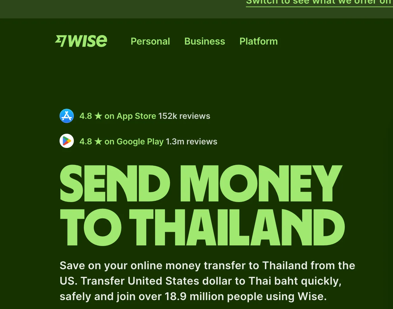 Wise page headed Send money to Thailand with app store rating badges and a short description.