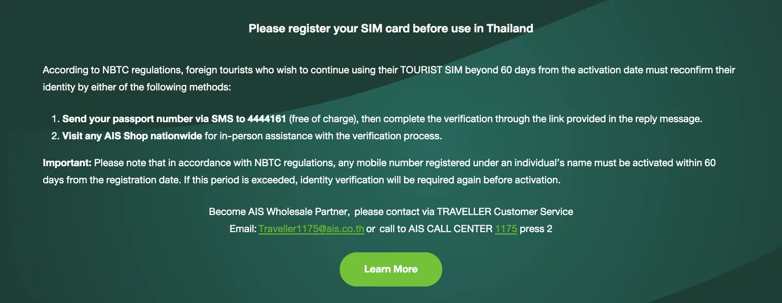 Green AIS notice titled Please register your SIM card before use in Thailand, with the passport SMS option and the AIS shop option.