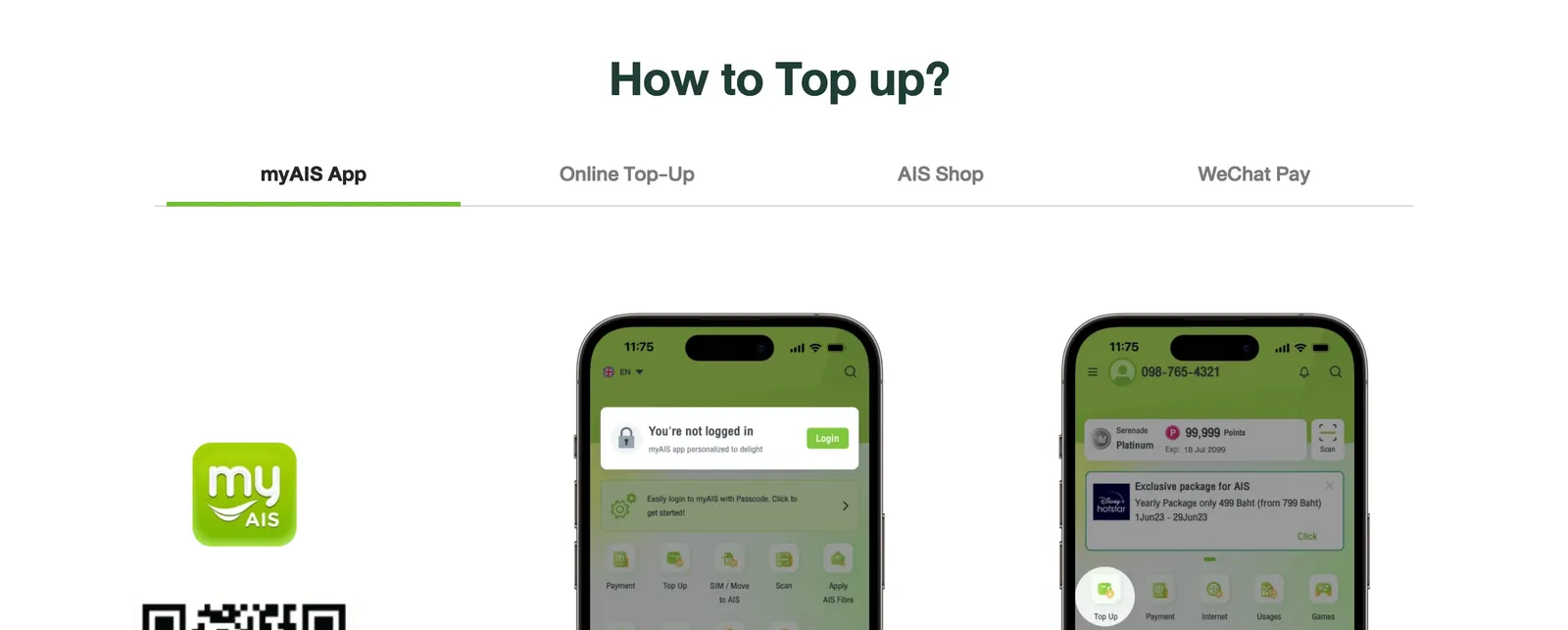 AIS top-up section with tabs for the myAIS app, online top-up, AIS shop and WeChat Pay, and two phone screens.