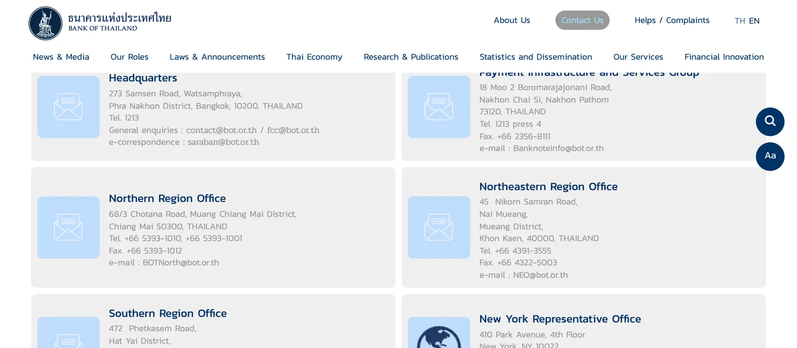 Bank of Thailand contact page listing its headquarters, the Northern Region Office in Chiang Mai and other offices.
