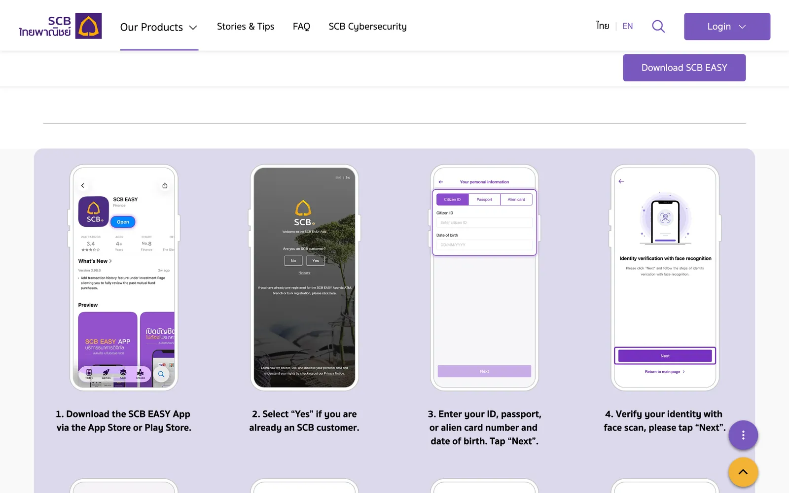 Four phone screens from SCB's registration guide, with the step that asks for an ID, passport or alien card number.