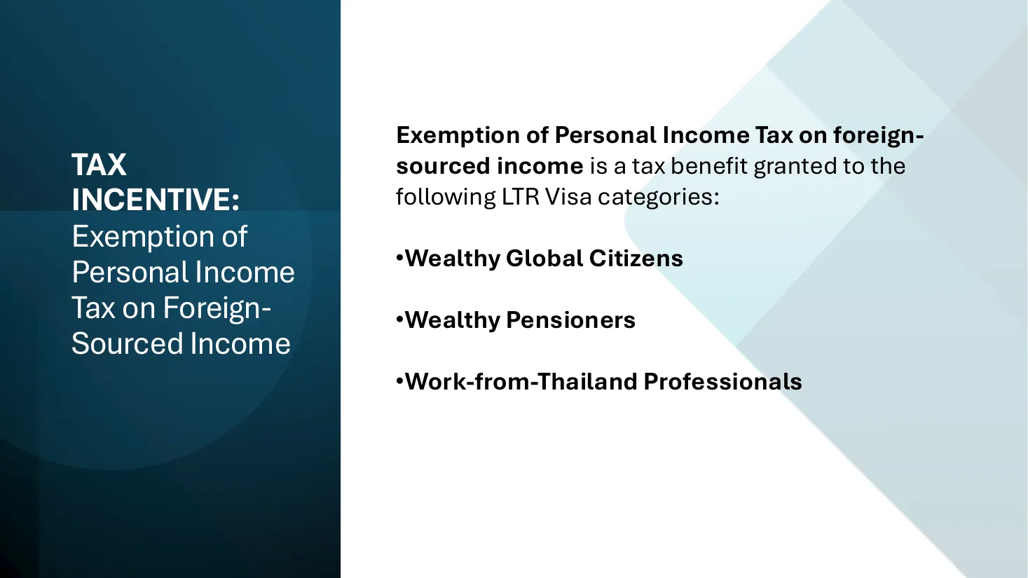 Presentation slide titled Tax Incentive with a list of three long-term resident visa categories.