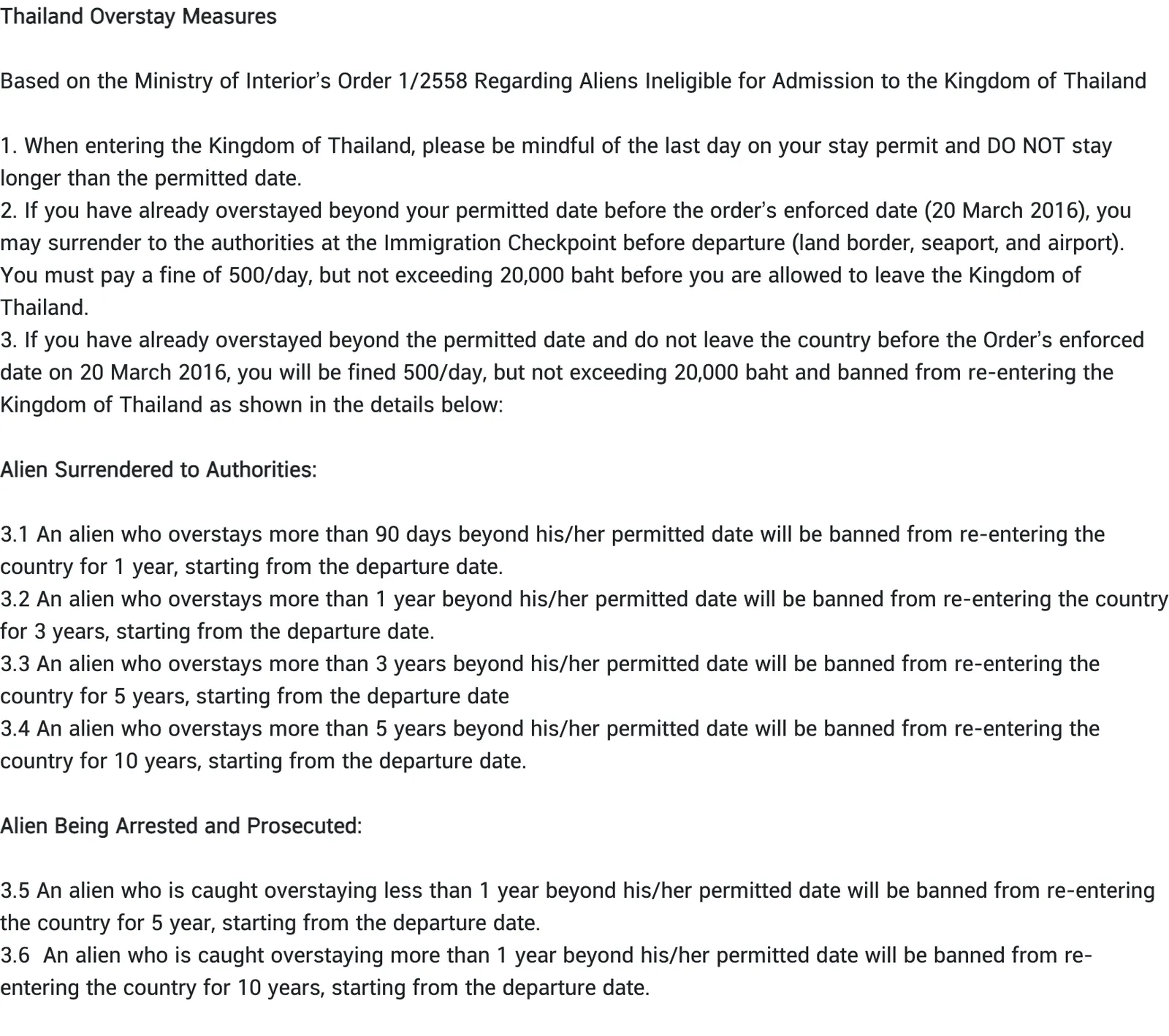 Text page titled Thailand Overstay Measures, listing the ban periods for foreigners who surrender and for those who are arrested.