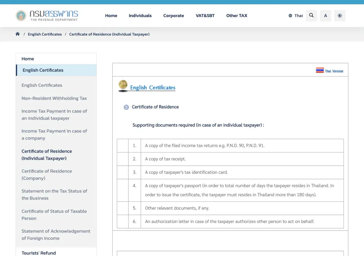 Revenue Department English web page headed Certificate of Residence with a numbered list of supporting documents.