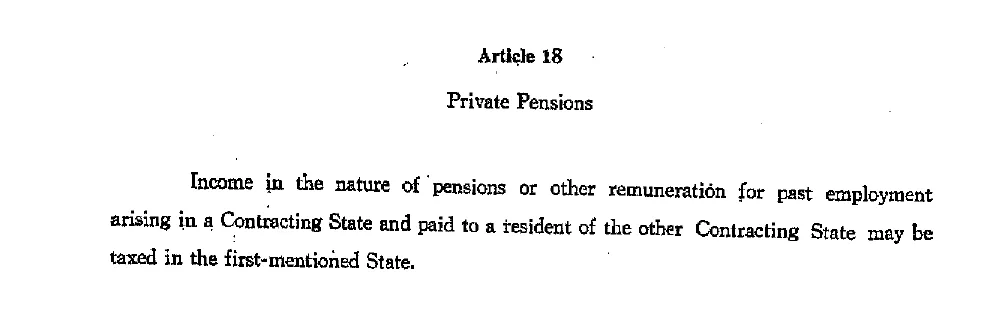 Scanned treaty page headed Article 18 Private Pensions with one short paragraph.