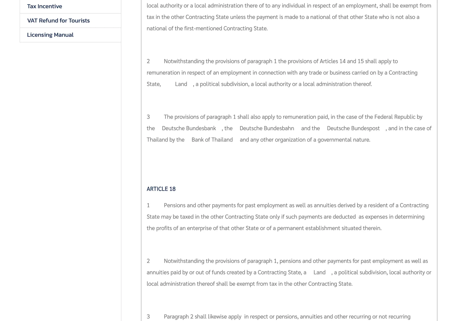 Revenue Department web page showing a treaty article on pensions and payments for past employment with numbered paragraphs.