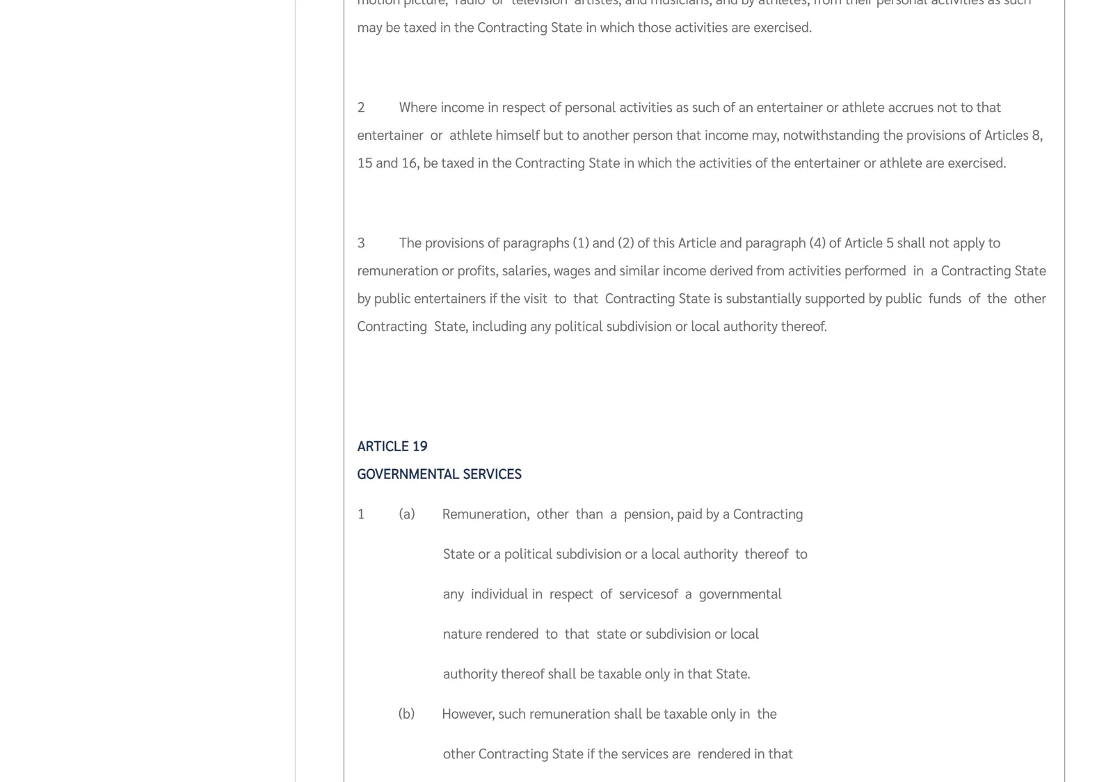 Revenue Department web page showing the end of an article on entertainers and the start of an article headed Governmental Services.