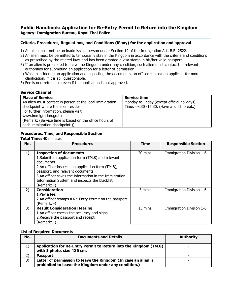Printed handbook page with criteria, a service channel table, a procedure table and a list of documents for a re-entry permit.