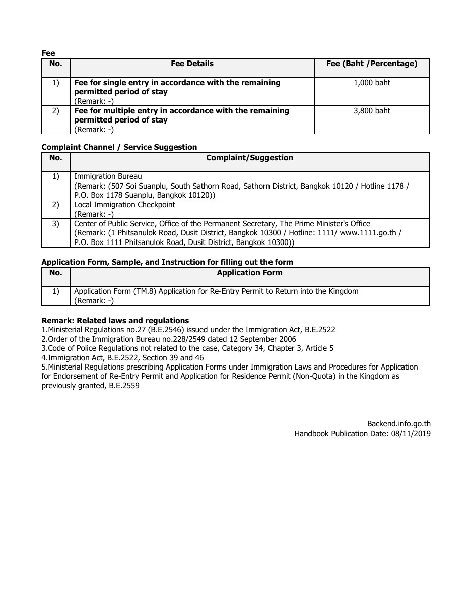 Second handbook page with a fee table, complaint channels, the application form entry and a list of related regulations.