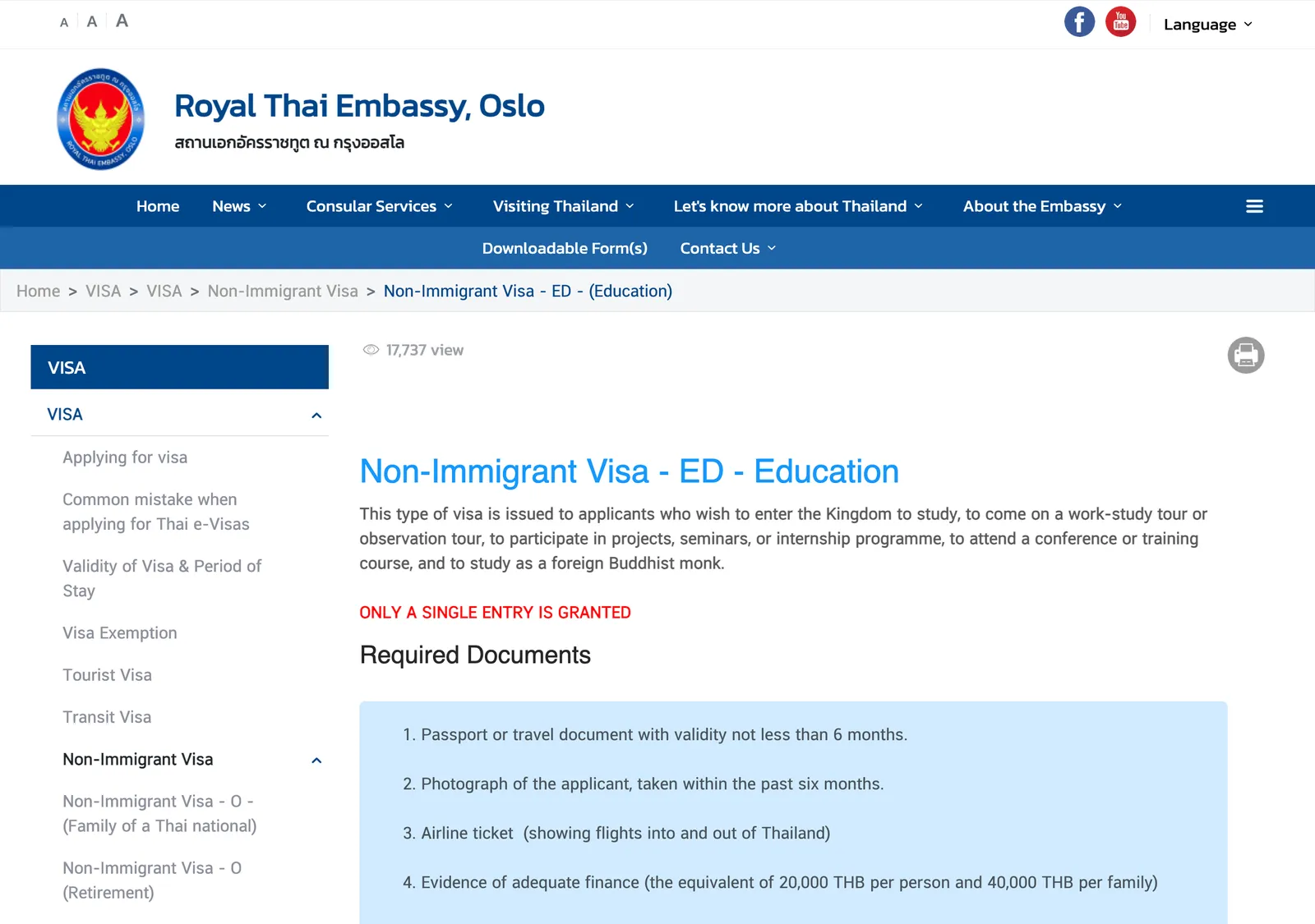 Royal Thai Embassy Oslo page headed Non-Immigrant Visa ED, Education, with a note on a single entry and the documents list.
