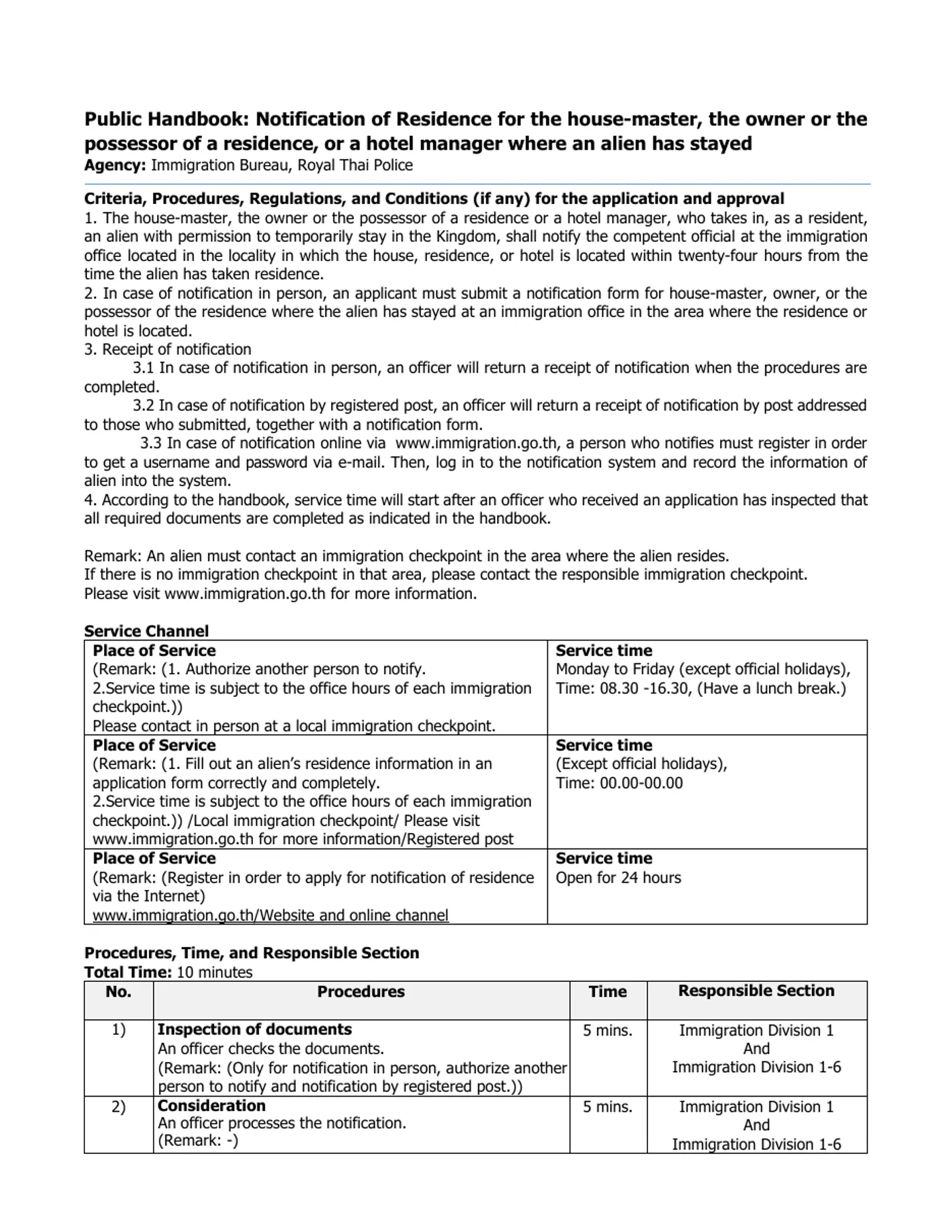 First page of the Immigration Bureau handbook for residence notification by the house-master, owner or hotel manager, with numbered criteria.