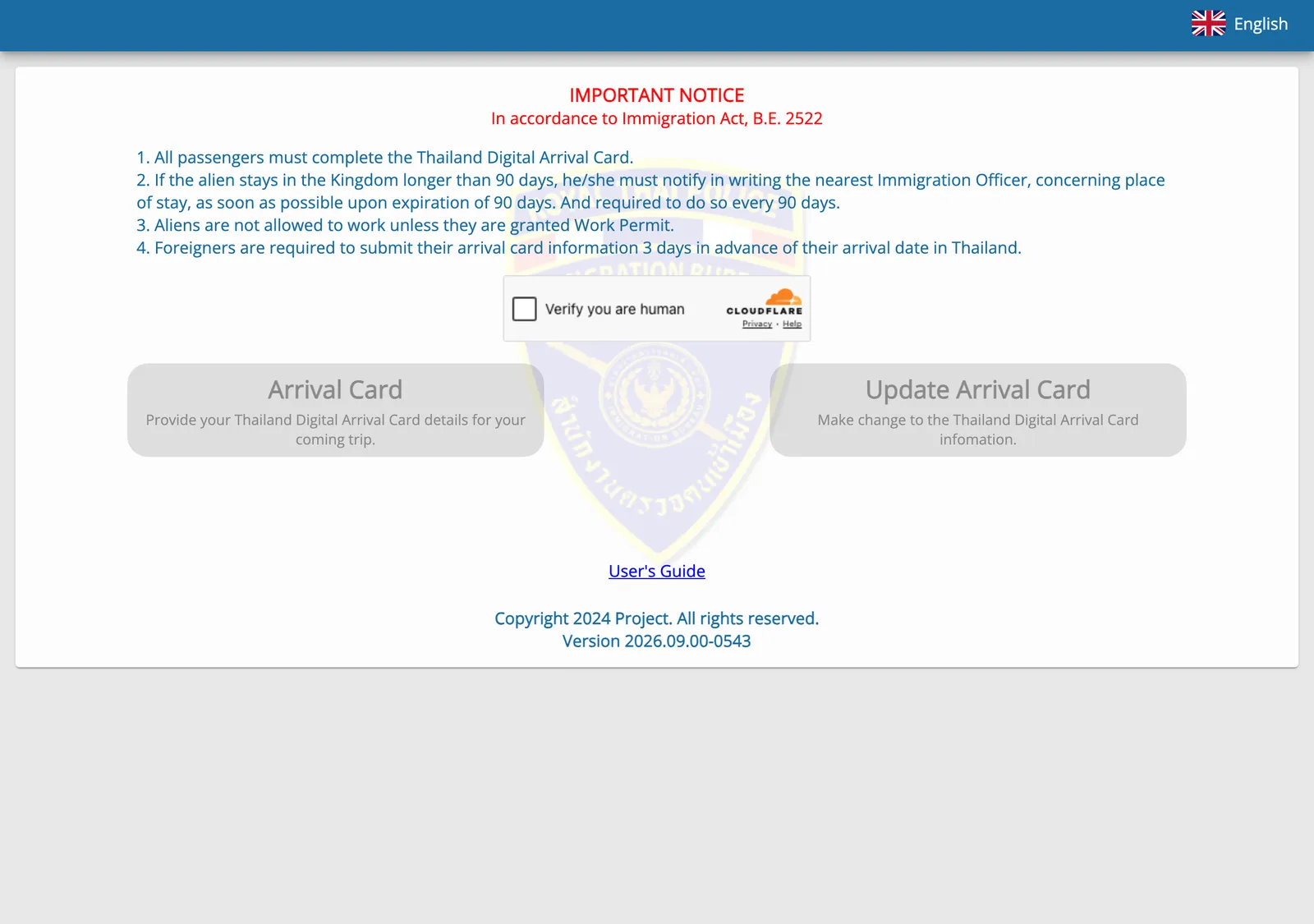 Official Thailand Digital Arrival Card home page with a notice and two buttons, Arrival Card and Update Arrival Card.