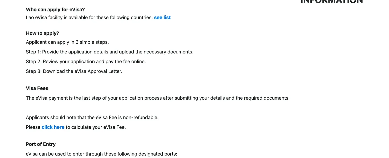 Lao eVisa portal information page with three application steps, a fee heading and the start of the ports-of-entry list.